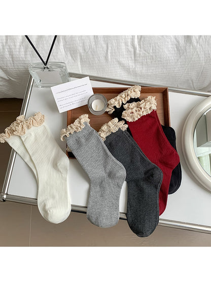 Rufia - Solid Color Ribbed Lace Trim Crew Socks