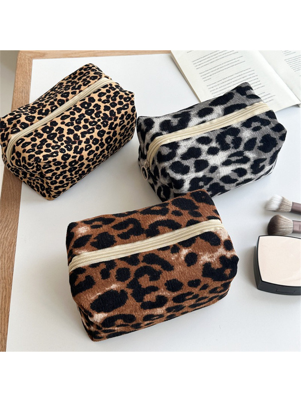 Close-up of leopard print fabric texture on Cosbai travel makeup bag