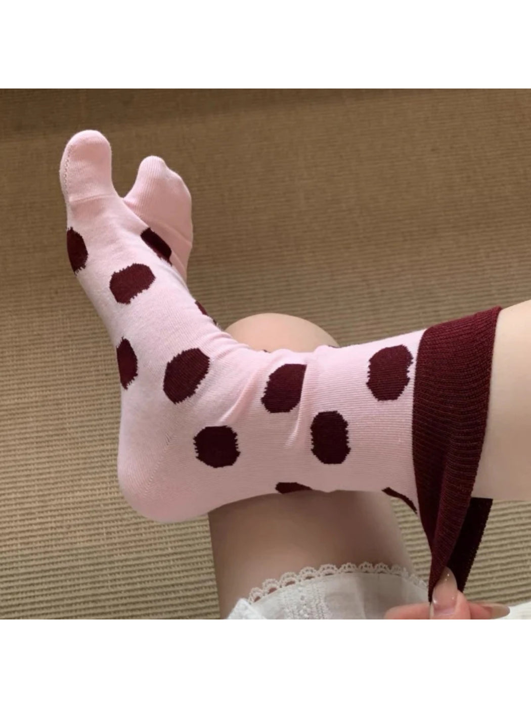 Rufia - Polka Dot Ribbed Cuff Split-Toe Crew Socks