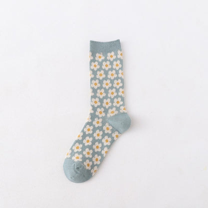 Rufia Floral Pattern Mid-Calf Socks color options including Black, Red, Blue