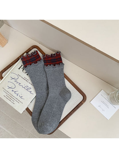 Rufia - Ruffled Edge Plaid Mid-Calf Winter Socks