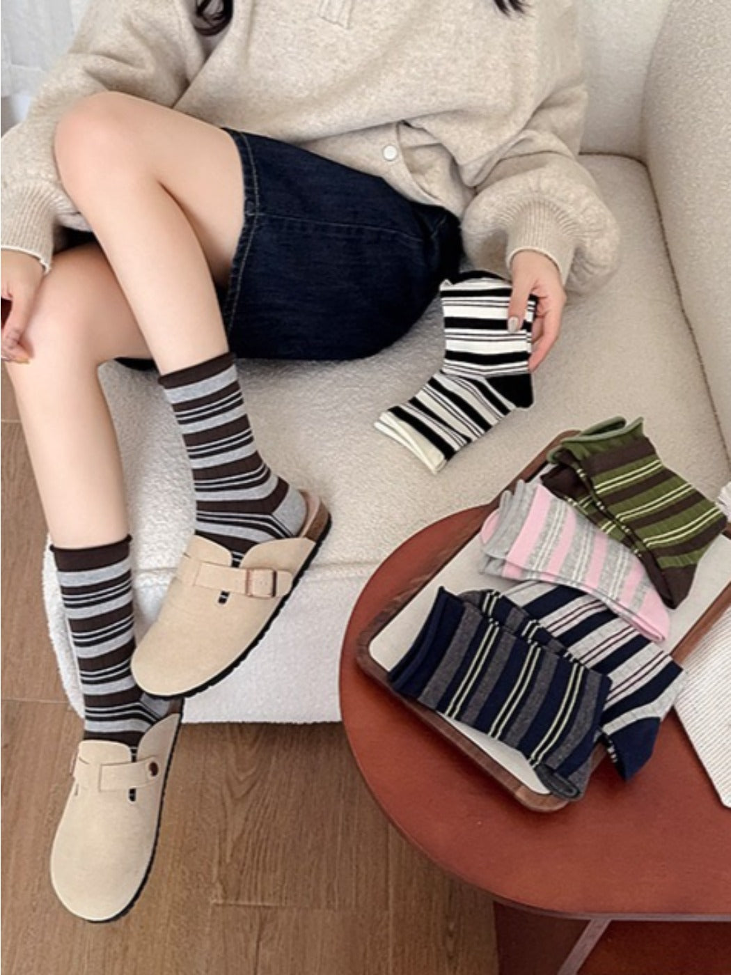 Rufia - Neutral Stripe Color-Block Crew Socks