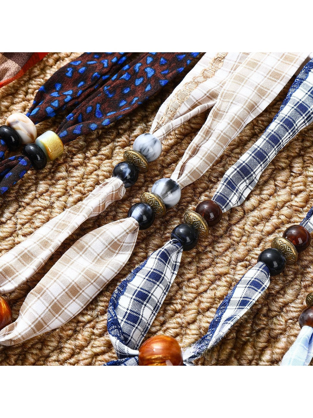 Scarvii - Retro Plaid Print Beaded Narrow Scarf