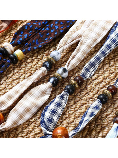 Scarvii - Retro Plaid Print Beaded Narrow Scarf