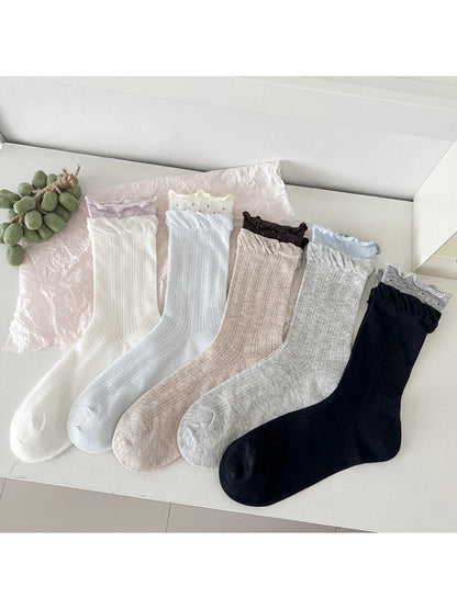 Rufia - Muted Ribbed Ruffle Cuff Crew Socks