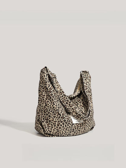Cosbai - Large Capacity Single-shoulder Canvas Bag with Leopard Print