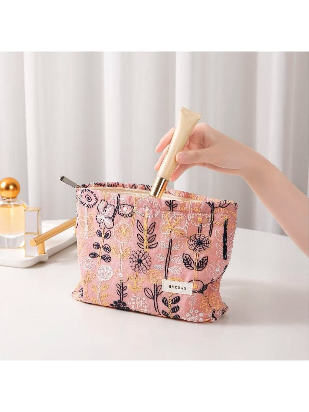 Cosbai - Floral Embroidered Zippered Makeup Bag