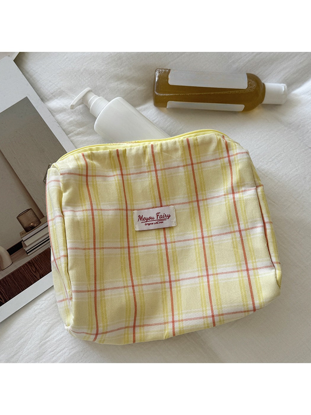 Cosbai - Plaid Zipper Cosmetic Organizer Bag