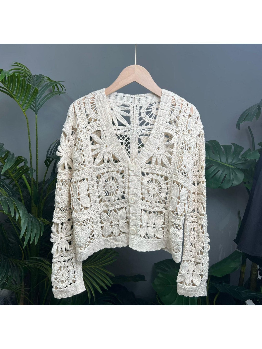 Crosa - Short Style Openwork Knit V Neck Cardigan