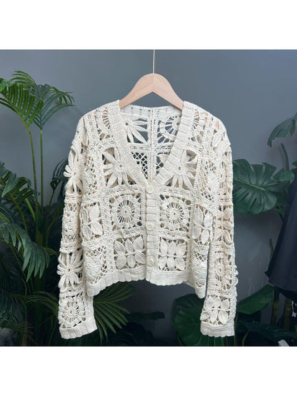 Crosa - Short Style Openwork Knit V Neck Cardigan