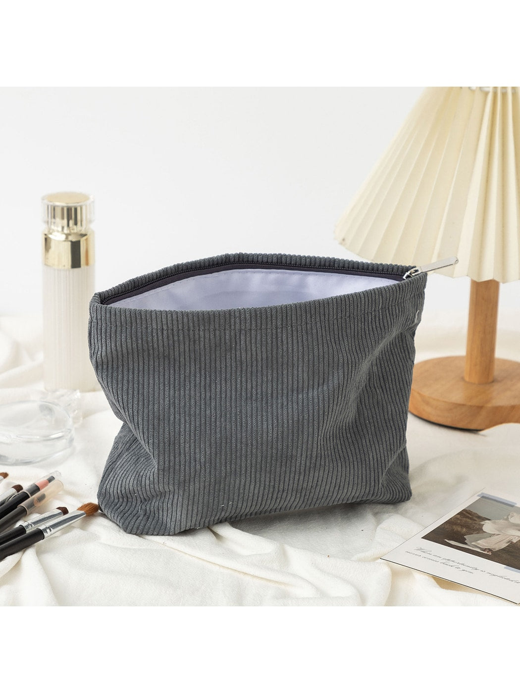 Cosbai - Minimalist Solid Color Ribbed Zip Pouch