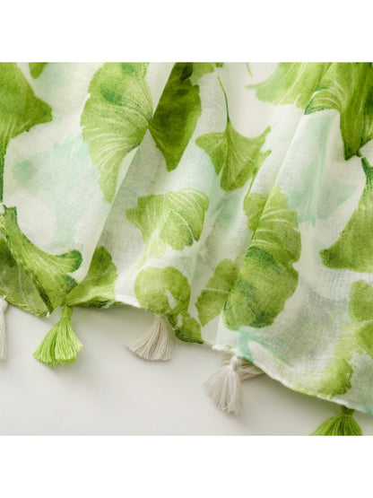 Scarvii - Bohemian Green Travel Scarf with Ginkgo Leaf