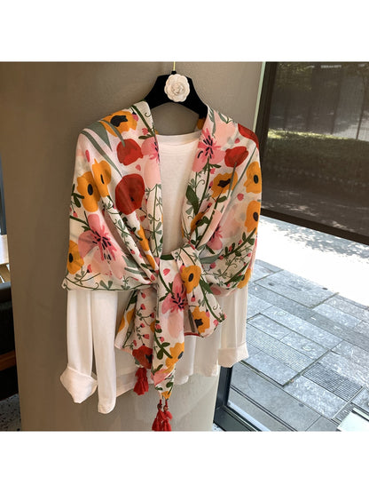 Scarvii - Botanical Print Tassel Trim Shawl Scarf