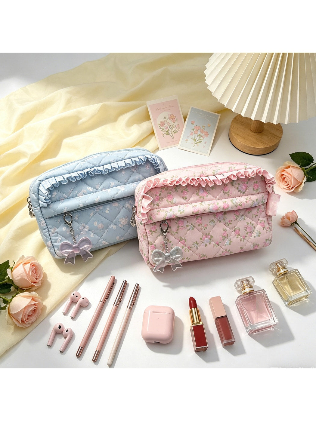 Cosbai - Ruffle Trim Floral Cosmetic Organizer Bag