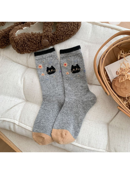 Rufia - Cat and Floral Knit Crew Socks