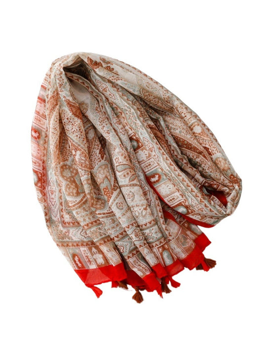 Close-up of paisley pattern and fringe on boho scarf
