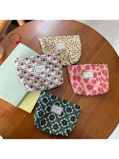 Cosbai - Corduroy Travel Cosmetic Pouch with Floral Patterns
