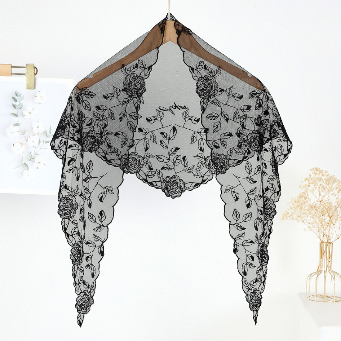 Haila Romantic Rose Mesh Head Scarf displayed flat showing rose pattern