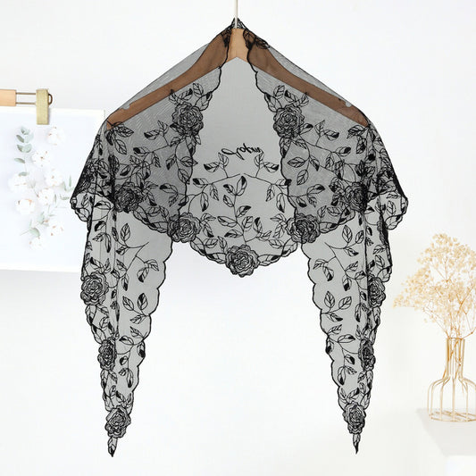Haila Romantic Rose Mesh Head Scarf displayed flat showing rose pattern