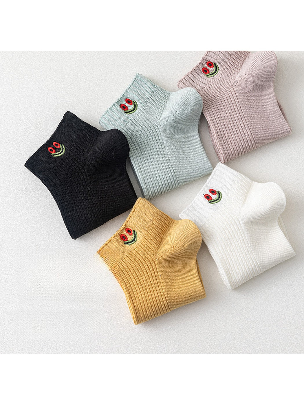 Rufia - Smiley Face Embroidered Ribbed Ankle Socks