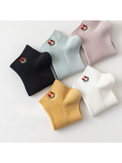 Rufia - Smiley Face Embroidered Ribbed Ankle Socks
