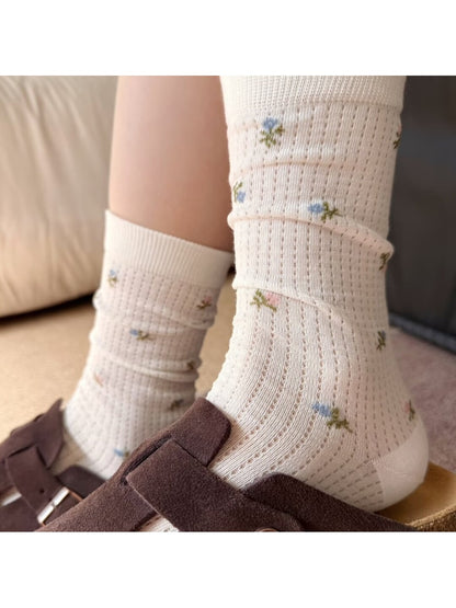 Rufia - Pointelle Slouch Crew Socks with Tiny Flowers