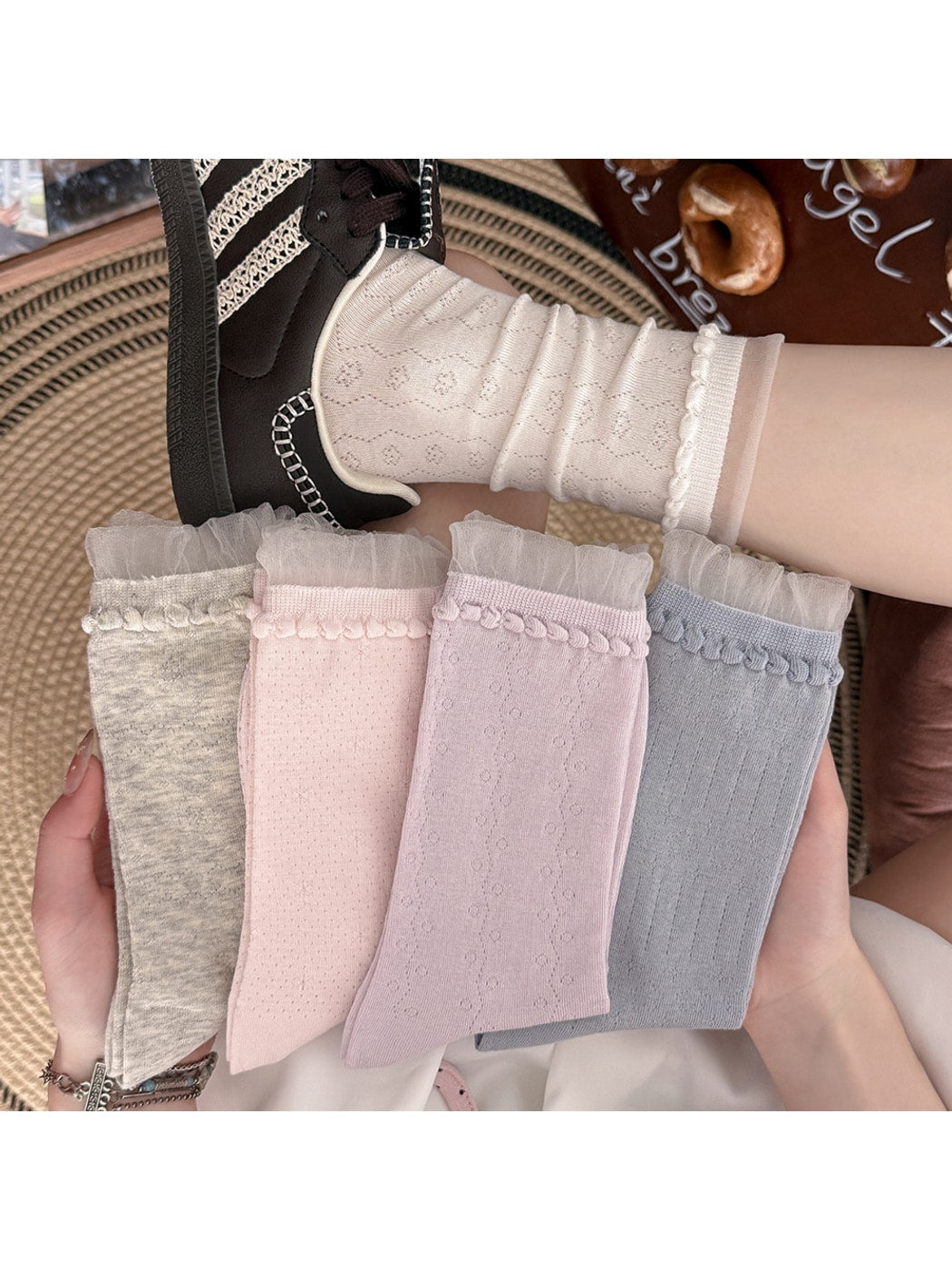 Rufia - Creamy Muted Pastels Openwork Crew Socks
