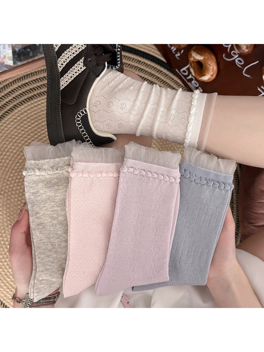 Rufia - Creamy Muted Pastels Openwork Crew Socks