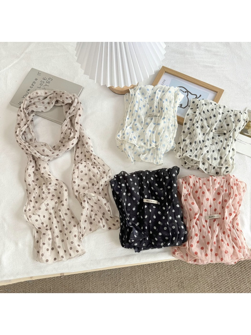 Scarvii - Polka Dot Pleated Long Narrow Scarf
