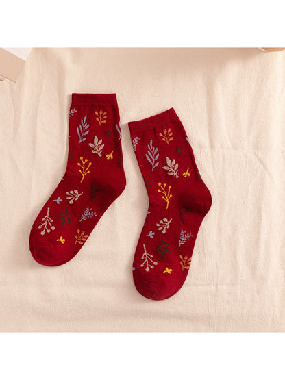 Rufia - Scattered Leaf Motif Knit Crew Socks