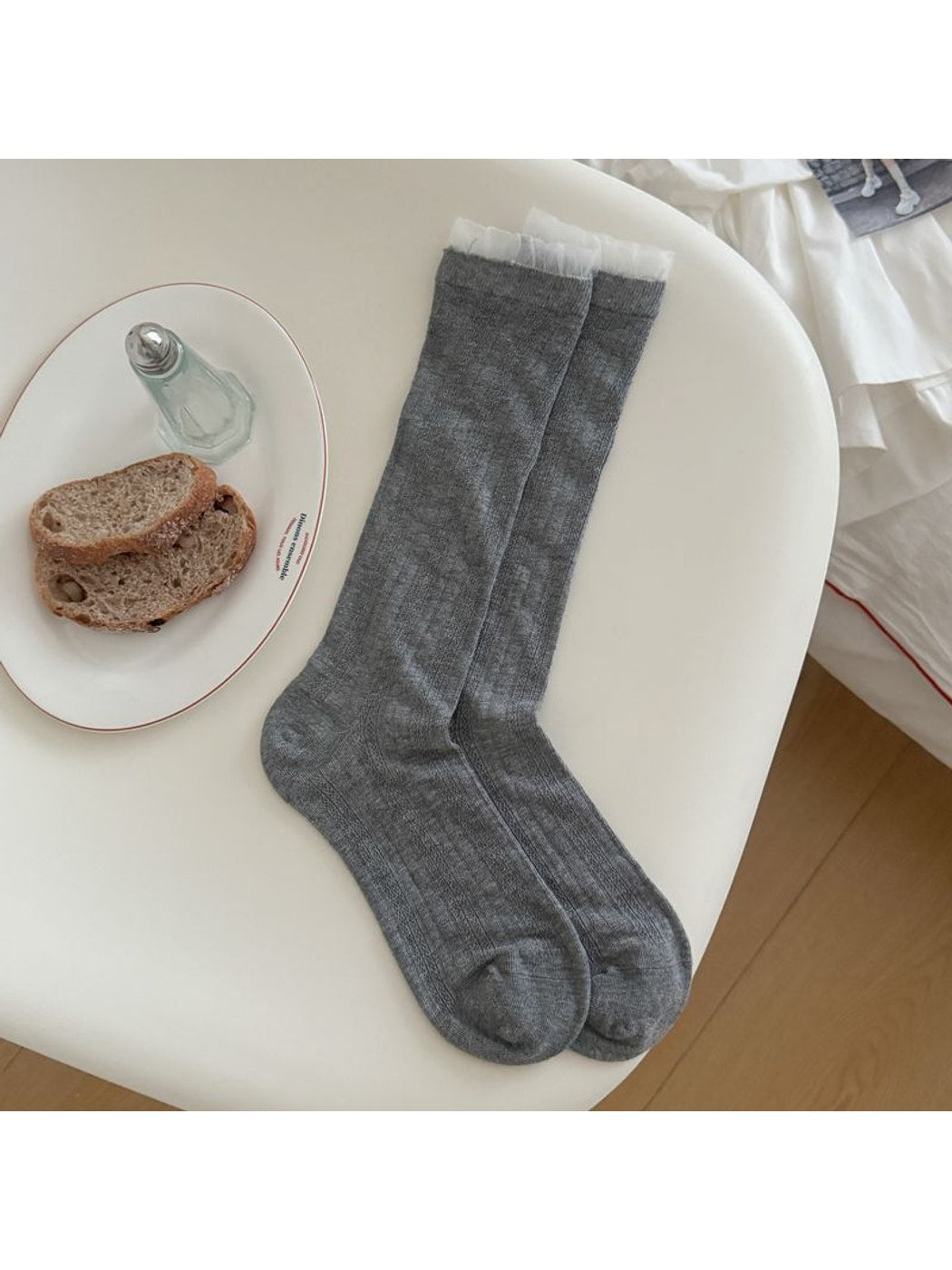 Rufia - Elegant Solid Color Ribbed Openwork Mid-calf Socks