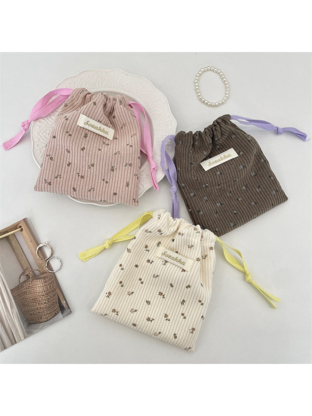 Cosbai - Corduroy Floral Drawstring Pouch
