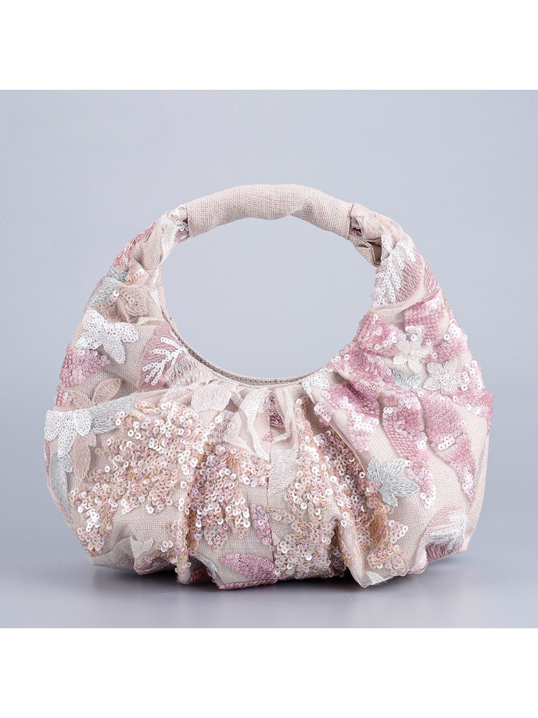 Cosbai Floral Sequin Ruched Hobo Bag front view with floral sequin design