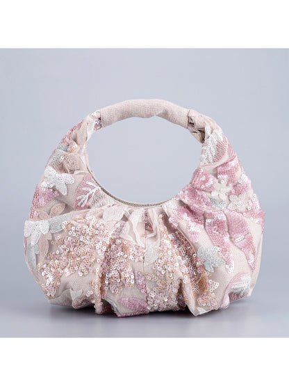 Cosbai Floral Sequin Ruched Hobo Bag front view with floral sequin design
