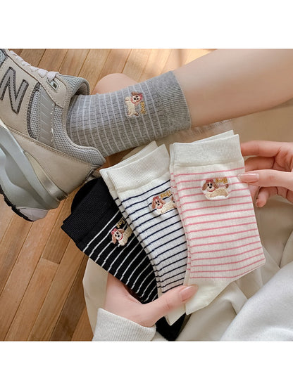 Rufia - Striped Puppy Embroidery Crew Socks