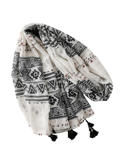 Scarvii - Ivory Geometric Band Tassel Wrap Scarf