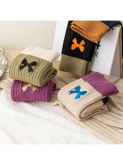 Rufia - Preppy Embroidery Bow Color Block Crew Socks