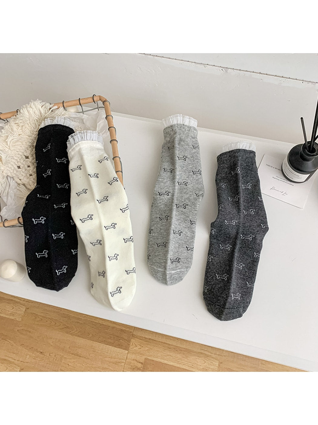 Rufia - Minimal Dog Pattern Ruffle Cuff Crew Socks