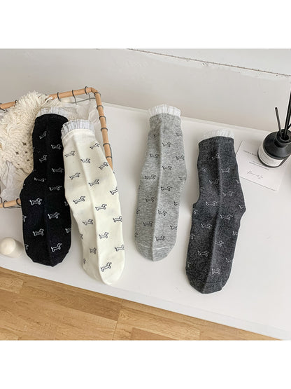 Rufia - Minimal Dog Pattern Ruffle Cuff Crew Socks