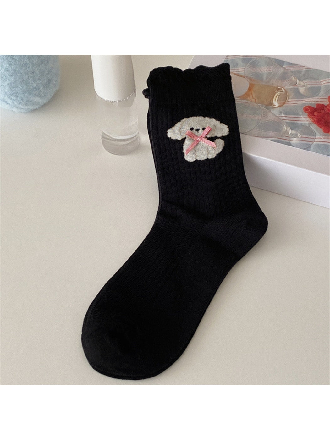 Rufia - Cute Dog Pattern Ruffle Trim Crew Socks
