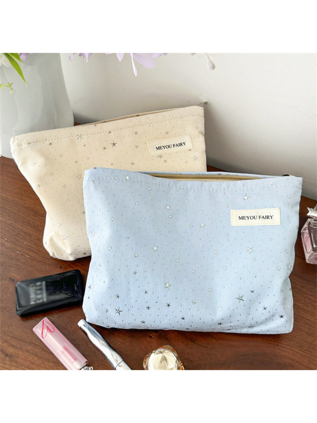 Cosbai Soft Star Print Zip Bag front view with star pattern