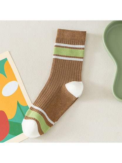 Rufia - Retro Brown Green Striped Crew Socks