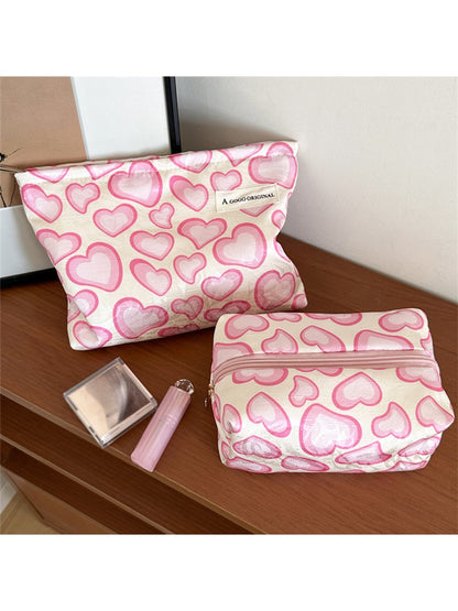 Cosbai - Pink White Heart Print Zipper Cosmetic Bag