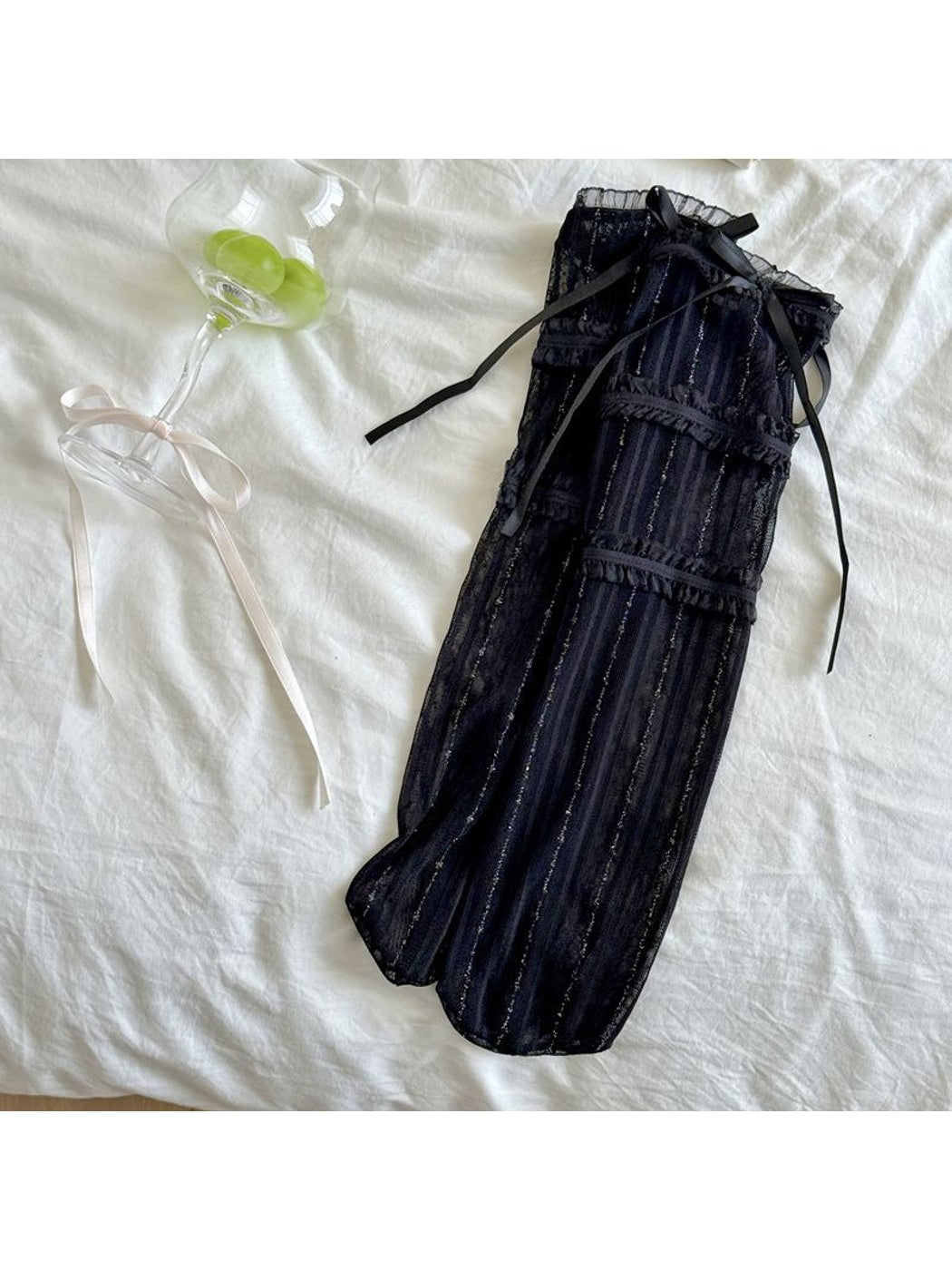 Rufia - Bow Detail Lace Trim Sheer Mid-calf Socks