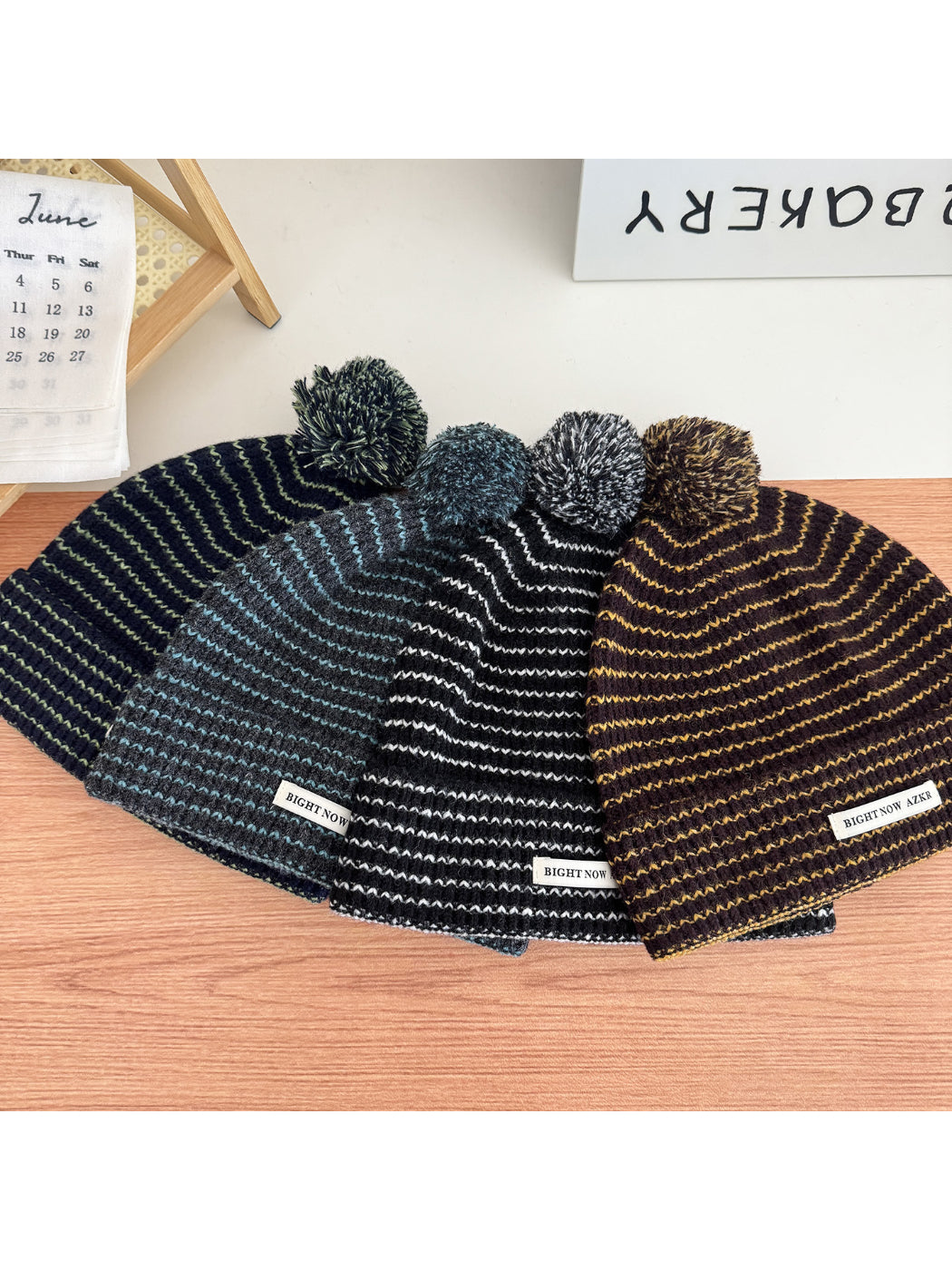 Haila - Wavy Stripe Fuzzy Folded Cuff Pom-Pom Beanie