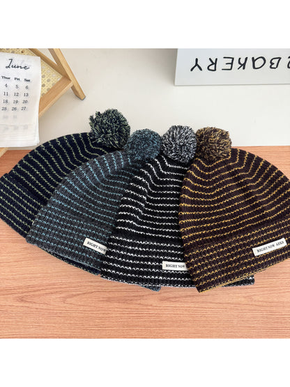 Haila - Wavy Stripe Fuzzy Folded Cuff Pom-Pom Beanie
