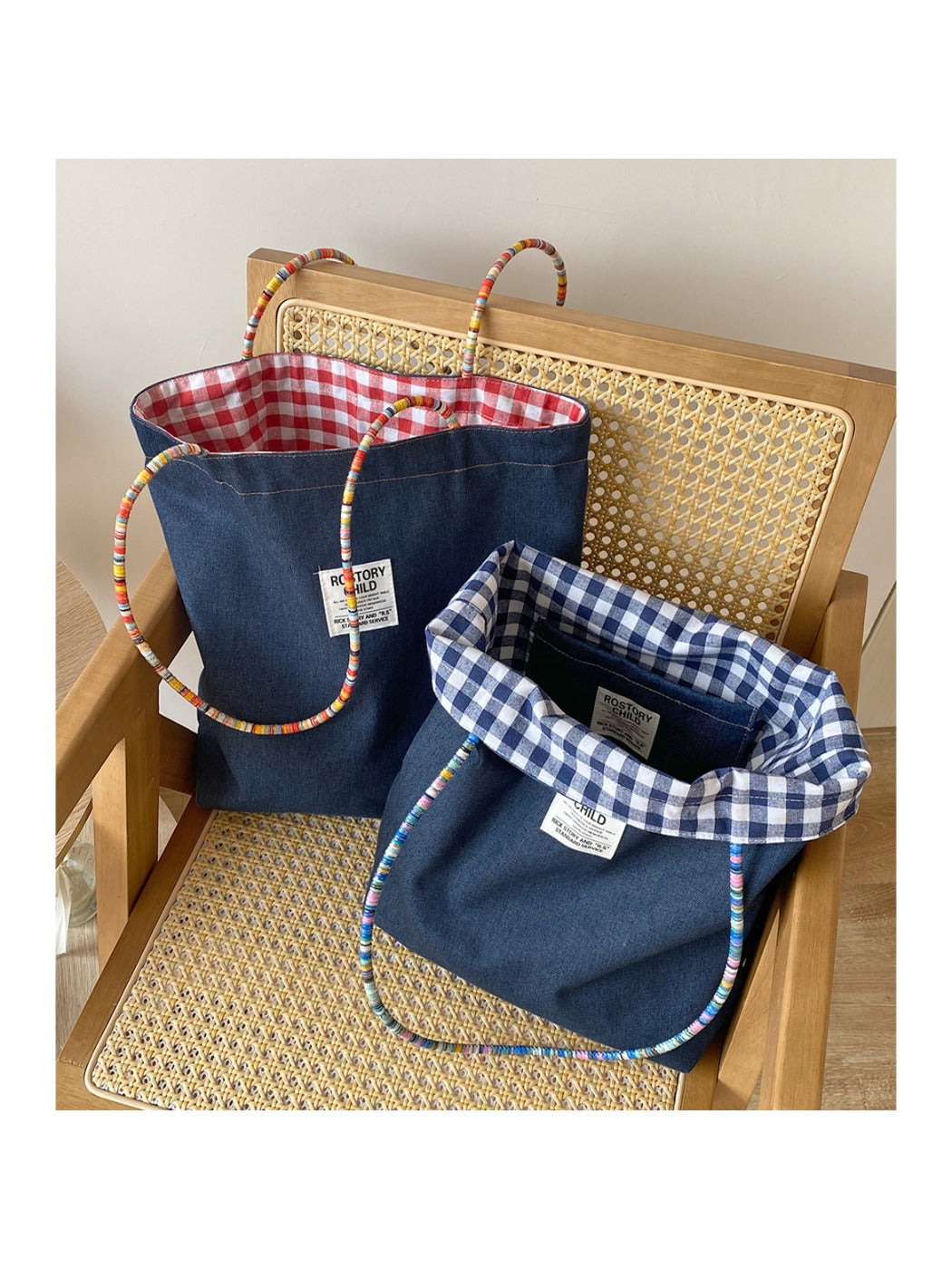 Cosbai – Vintage Denim & Plaid Reversible Tote Bag