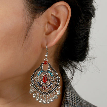 Earwish - Boho Chic Metal Fringe Earrings with Red Beads