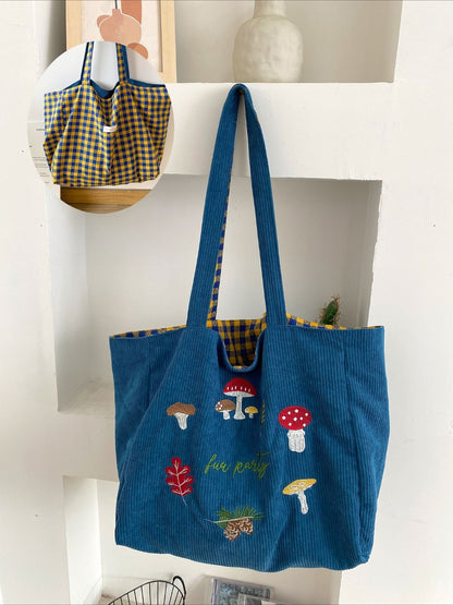 Cosbai – Retro Corduroy Mushroom Embroidered Shoulder Bag