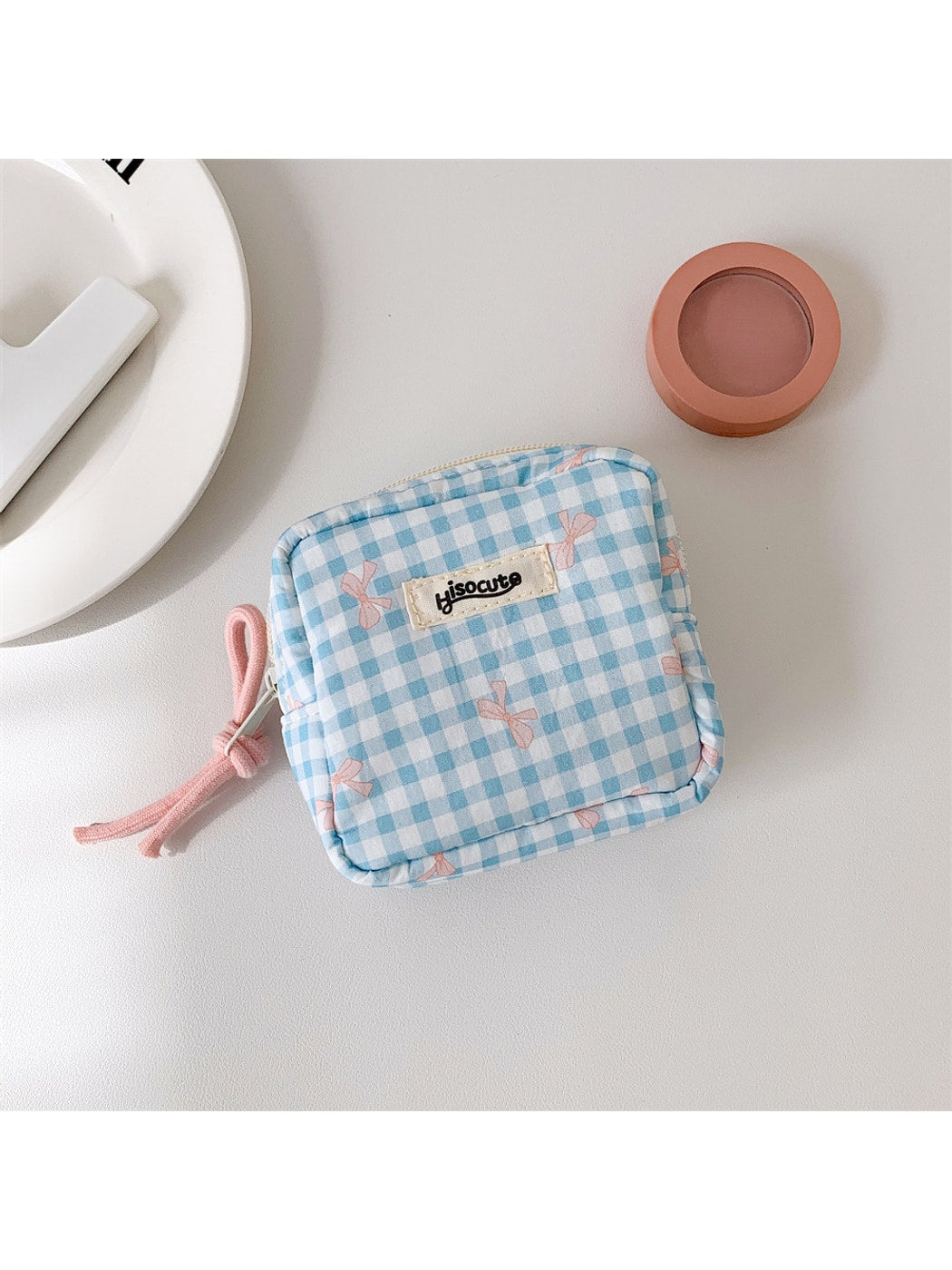 Cosbai - Small Plaid Makeup Pouch Square Bag